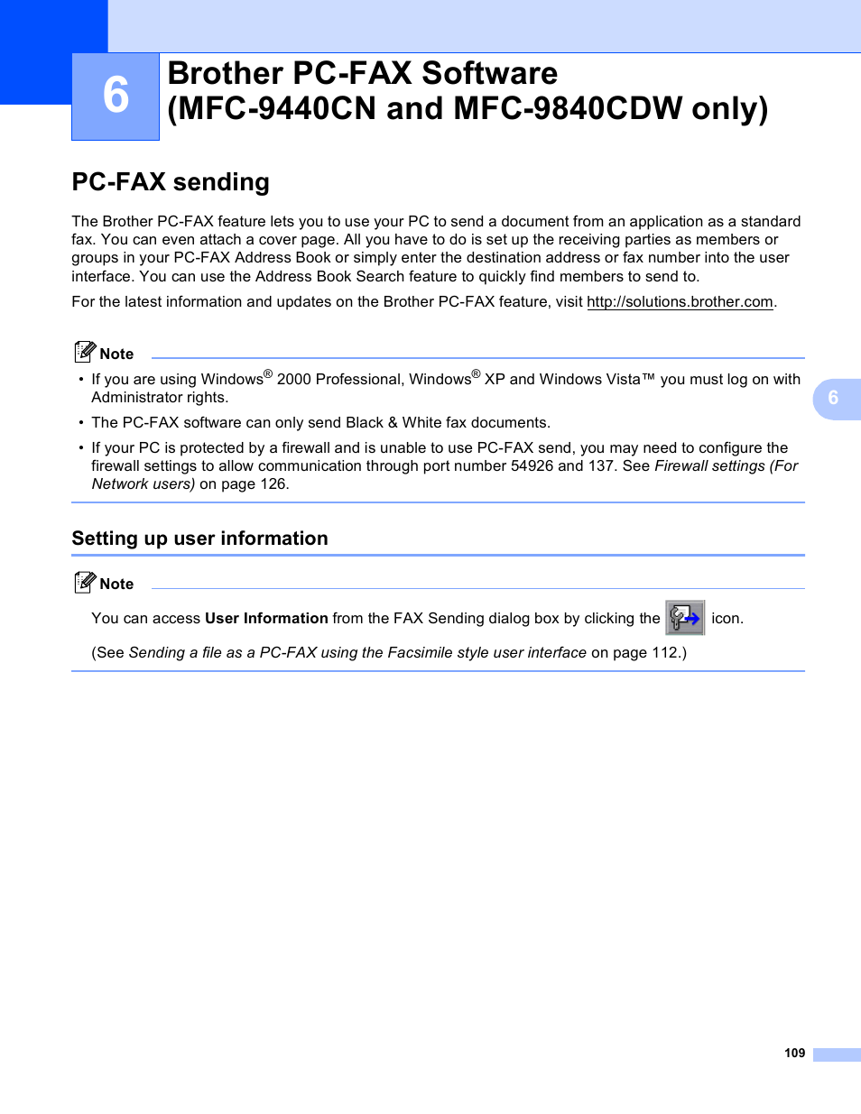 Pc-fax sending, Setting up user information | Brother DCP-9045CDN User Manual | Page 116 / 217