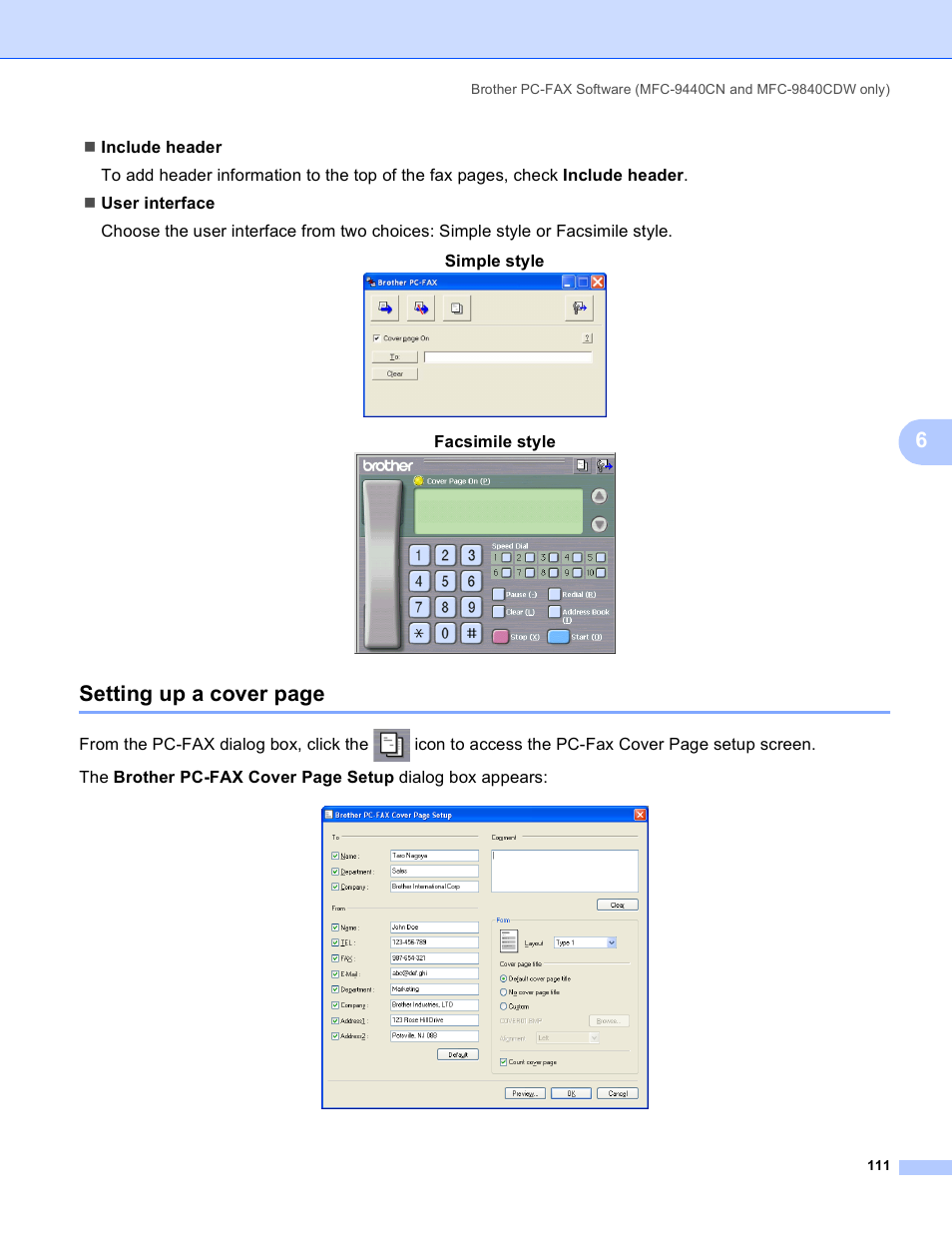 Setting up a cover page, Facsimile style | Brother DCP-9045CDN User Manual | Page 118 / 217