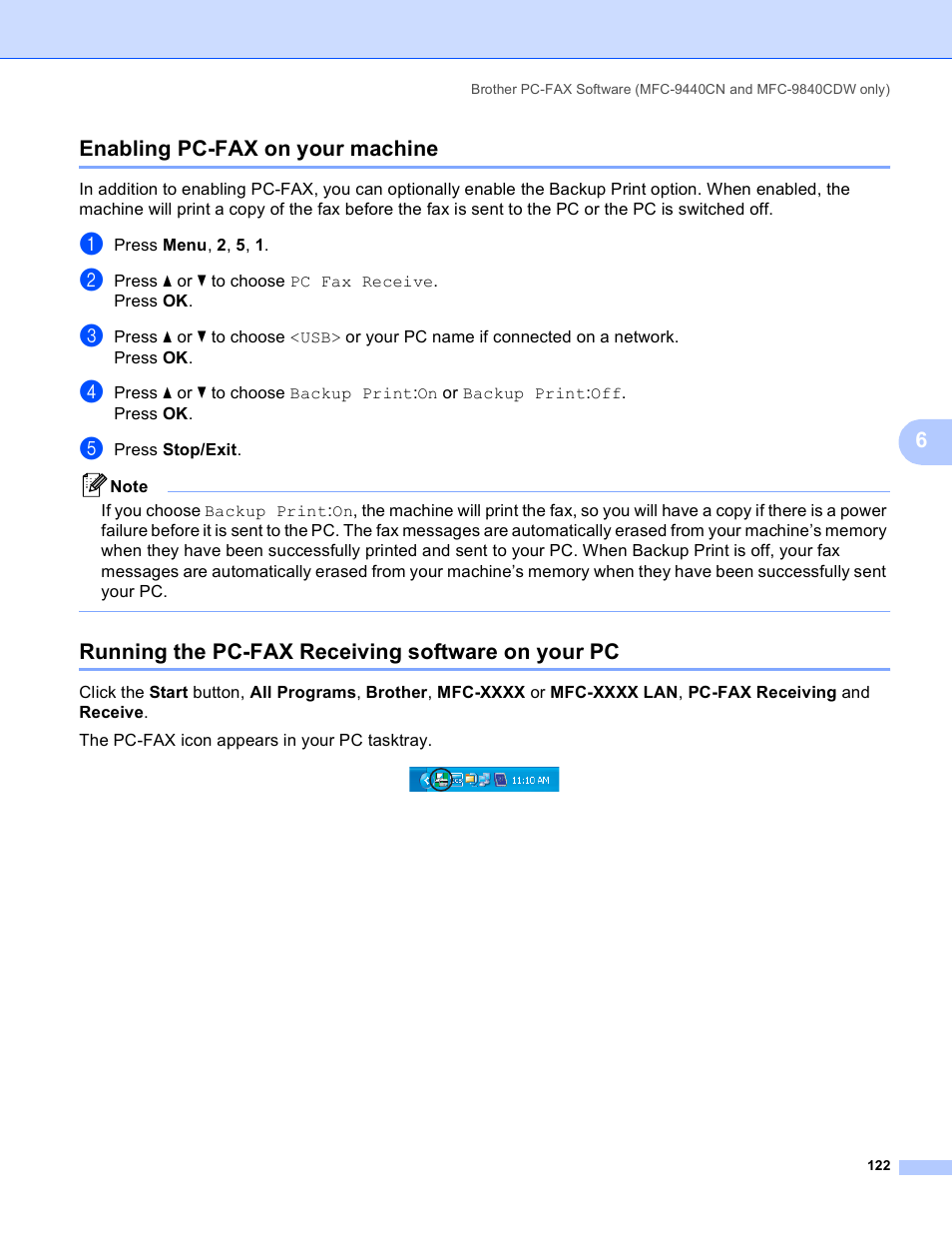 Enabling pc-fax on your machine, Running the pc-fax receiving software on your pc, 6enabling pc-fax on your machine | Brother DCP-9045CDN User Manual | Page 129 / 217