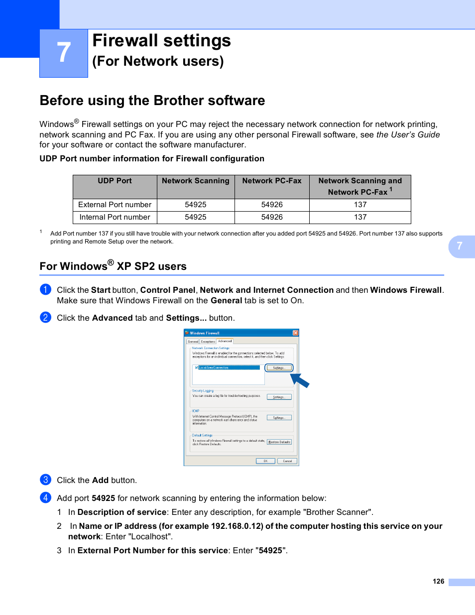 7 firewall settings (for network users), Before using the brother software, For windows® xp sp2 users | Firewall settings (for network users), For windows, Xp sp2 users, Firewall settings, For network users) | Brother DCP-9045CDN User Manual | Page 133 / 217