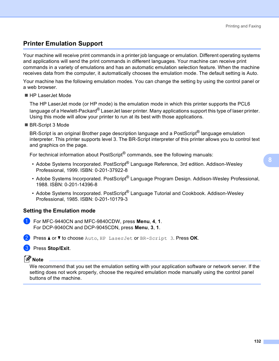 Printer emulation support, Setting the emulation mode, 8printer emulation support | Brother DCP-9045CDN User Manual | Page 139 / 217