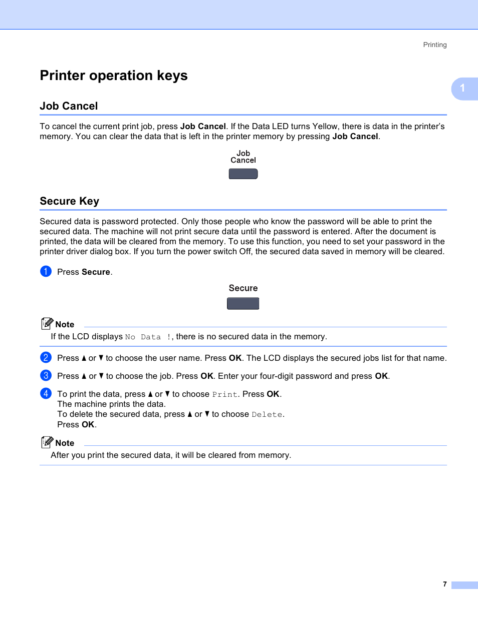 Printer operation keys, Job cancel, Secure key | Job cancel secure key | Brother DCP-9045CDN User Manual | Page 14 / 217