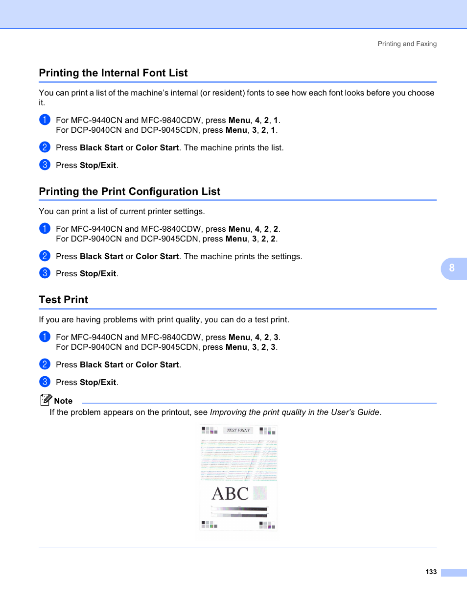 Printing the internal font list, Printing the print configuration list, Test print | 8printing the internal font list | Brother DCP-9045CDN User Manual | Page 140 / 217