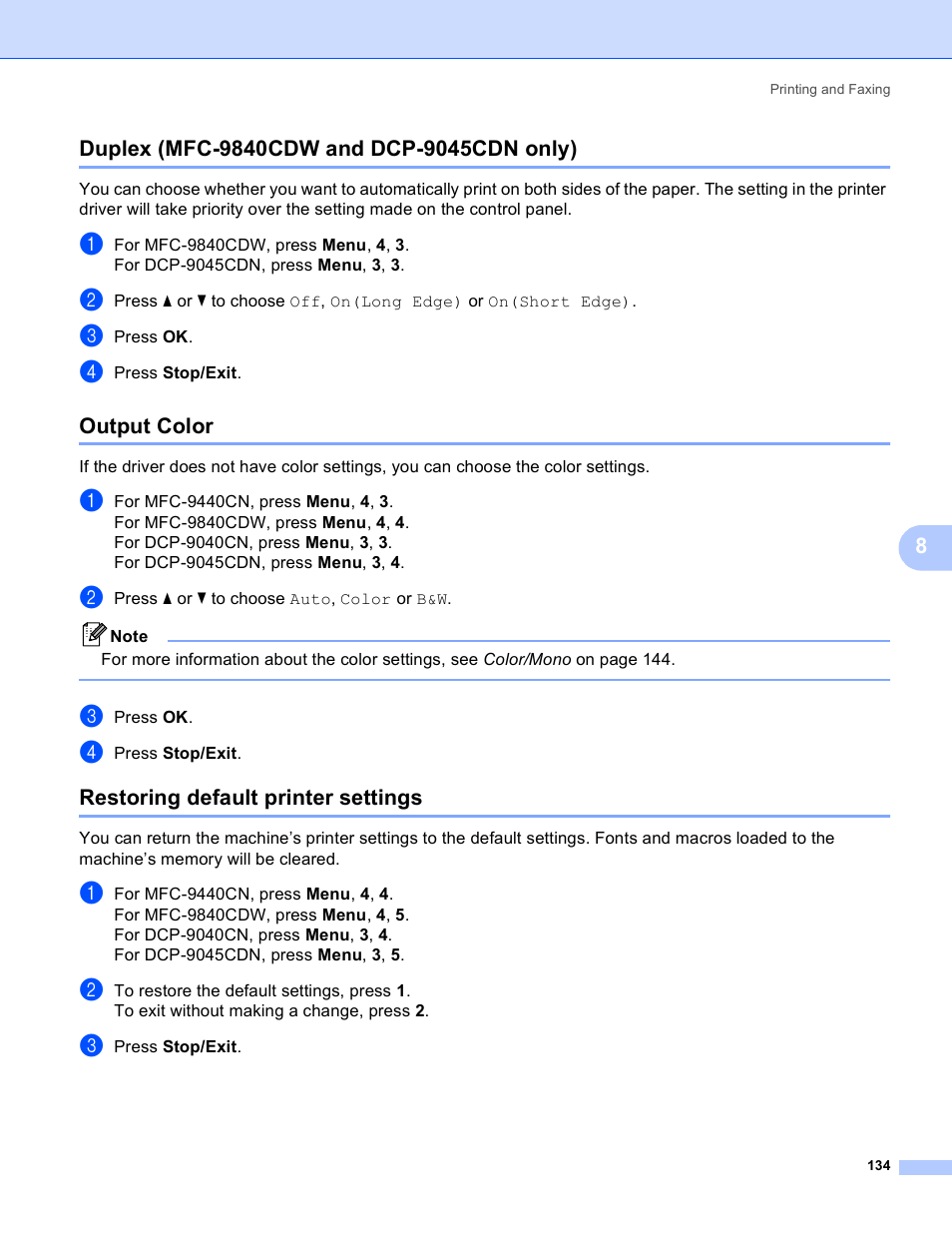 Duplex (mfc-9840cdw and dcp-9045cdn only), Output color, Restoring default printer settings | Brother DCP-9045CDN User Manual | Page 141 / 217