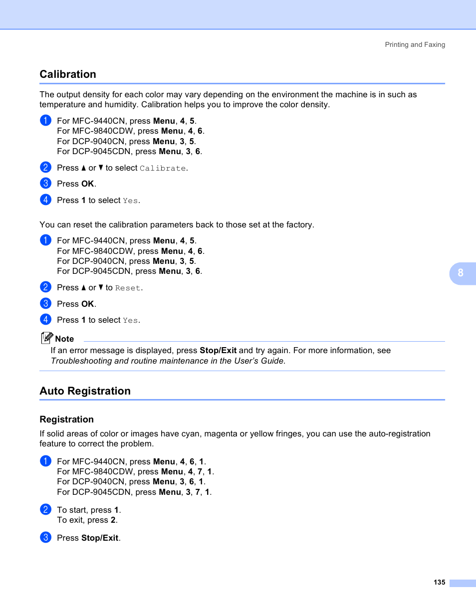 Calibration, Auto registration, Registration | Calibration auto registration, 8calibration | Brother DCP-9045CDN User Manual | Page 142 / 217