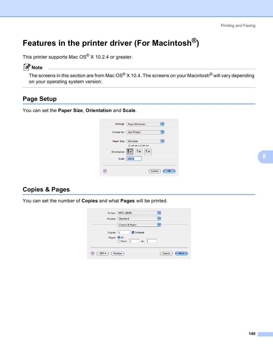 Features in the printer driver (for macintosh®), Features in the printer driver (for macintosh, Page setup | Copies & pages | Brother DCP-9045CDN User Manual | Page 147 / 217