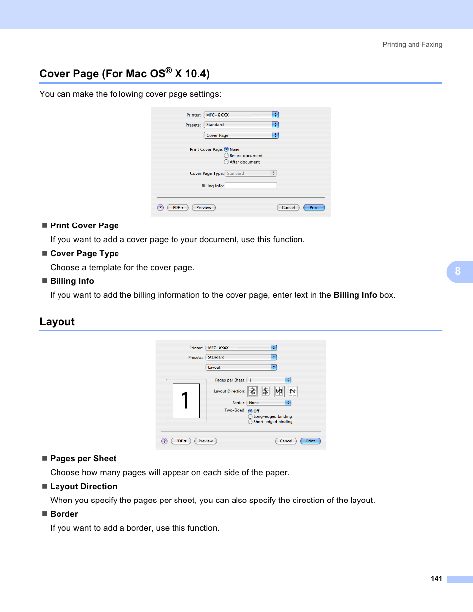 Layout, X 10.4), 8cover page (for mac os | Brother DCP-9045CDN User Manual | Page 148 / 217