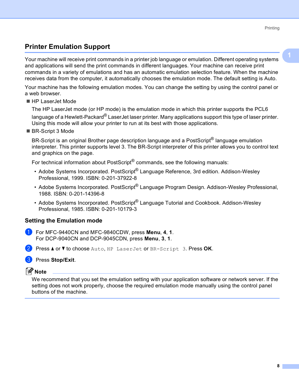 Printer emulation support, Setting the emulation mode, 1printer emulation support | Brother DCP-9045CDN User Manual | Page 15 / 217