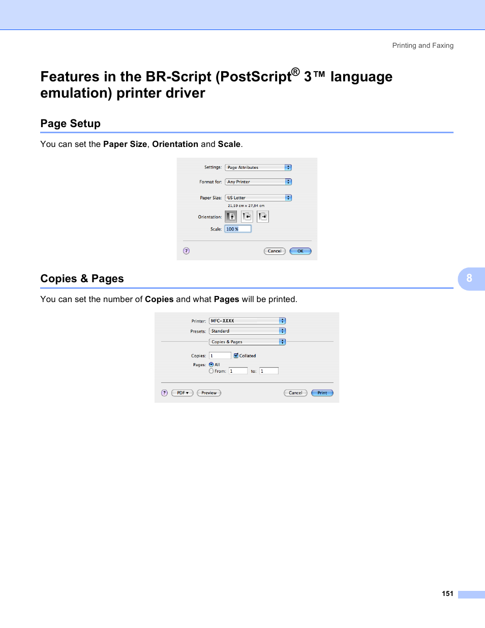 Features in the br-script (postscript, 3 ™ language emulation) printer driver, Language emulation) printer driver | Page setup, Copies & pages | Brother DCP-9045CDN User Manual | Page 158 / 217