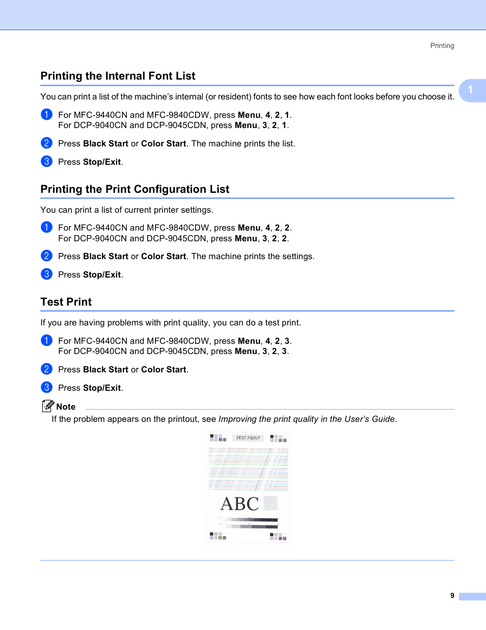 Printing the internal font list, Printing the print configuration list, Test print | 1printing the internal font list | Brother DCP-9045CDN User Manual | Page 16 / 217