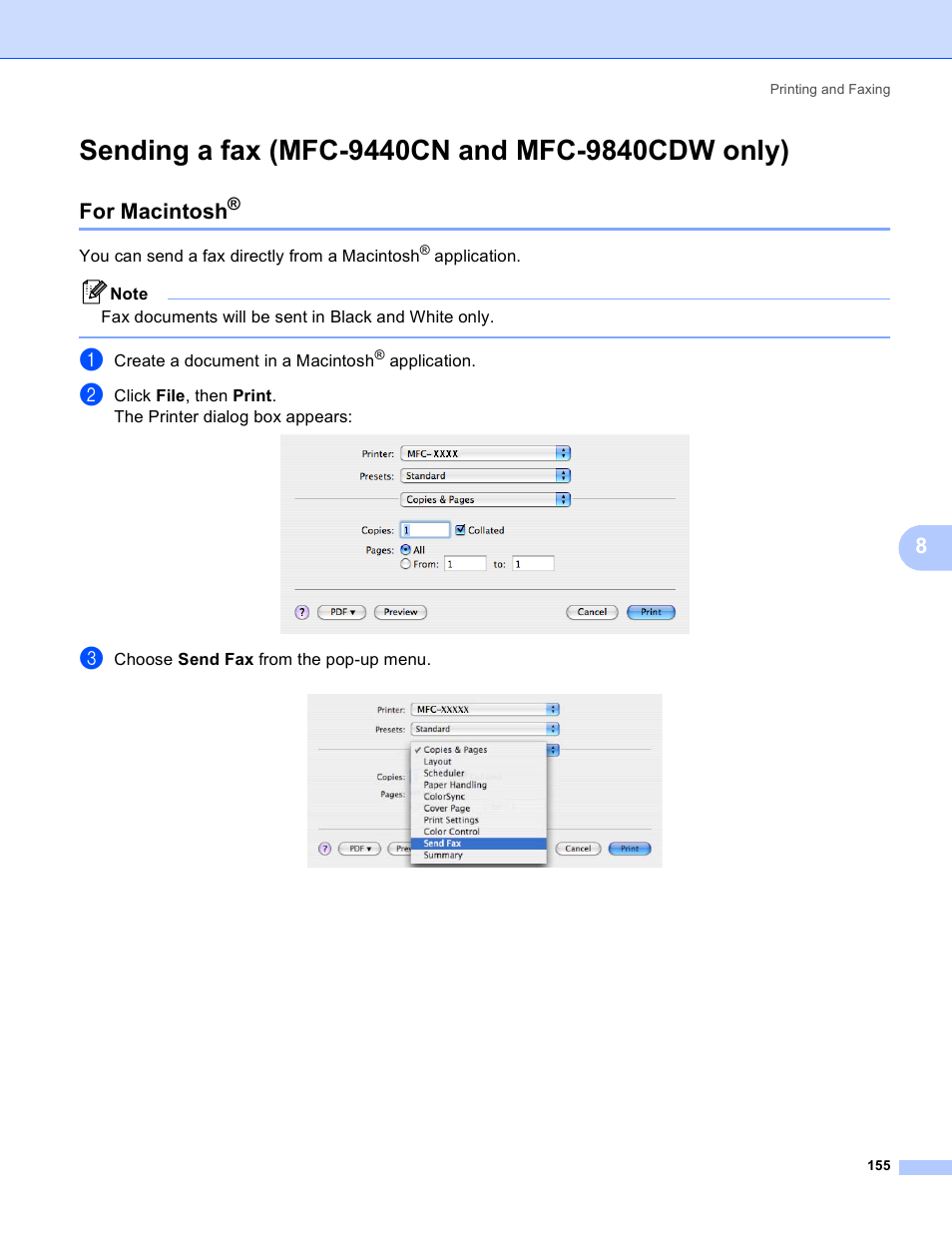 Sending a fax (mfc-9440cn and mfc-9840cdw only), For macintosh | Brother DCP-9045CDN User Manual | Page 162 / 217