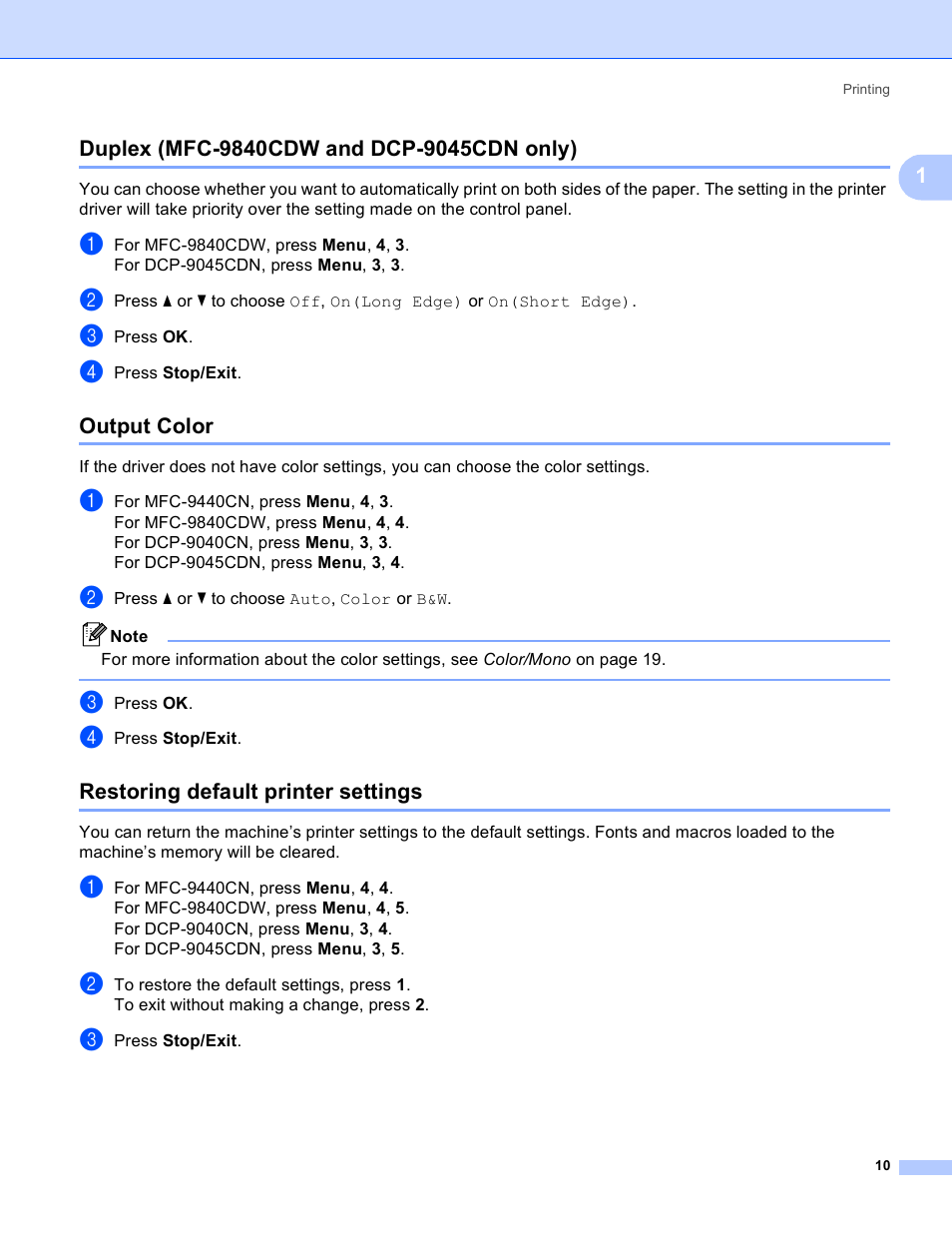 Duplex (mfc-9840cdw and dcp-9045cdn only), Output color, Restoring default printer settings | Brother DCP-9045CDN User Manual | Page 17 / 217