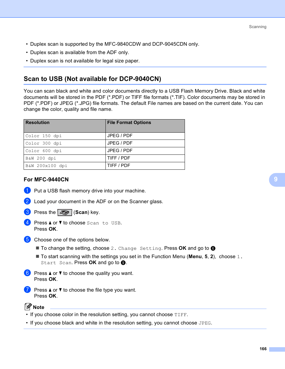 Scan to usb (not available for dcp-9040cn), For mfc-9440cn | Brother DCP-9045CDN User Manual | Page 173 / 217