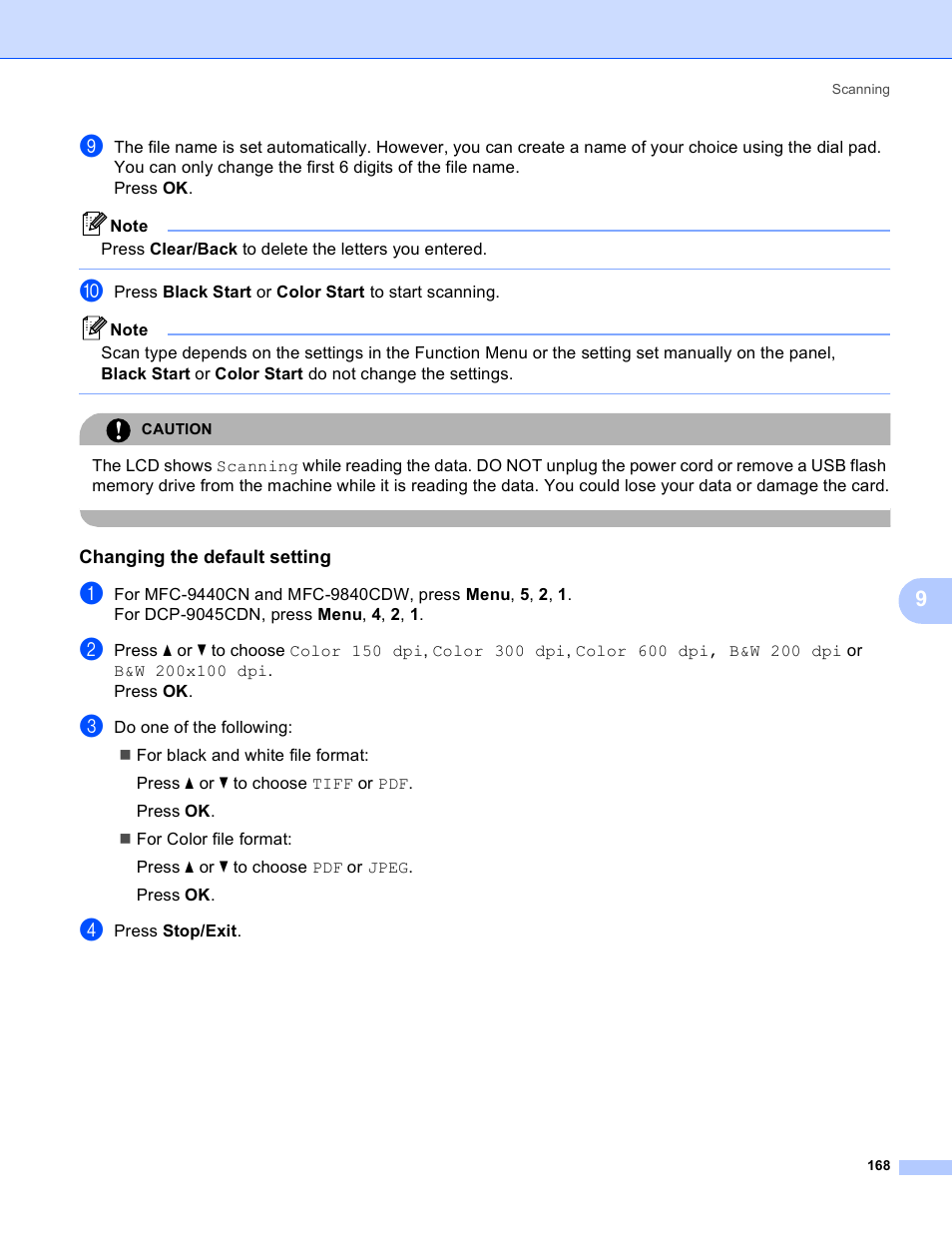 Changing the default setting | Brother DCP-9045CDN User Manual | Page 175 / 217