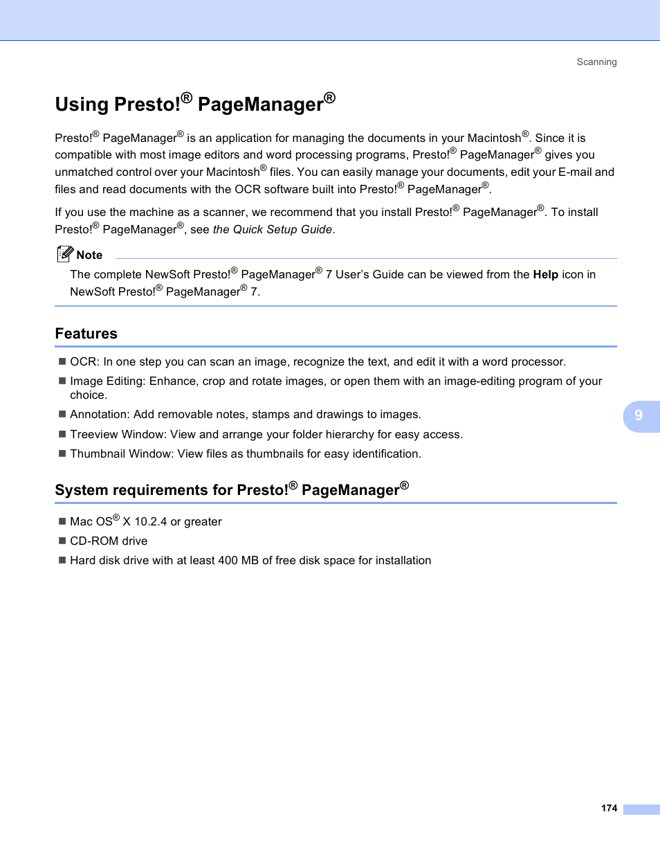 Features, Using presto, Features system requirements for presto | Pagemanager, System requirements for presto | Brother DCP-9045CDN User Manual | Page 181 / 217
