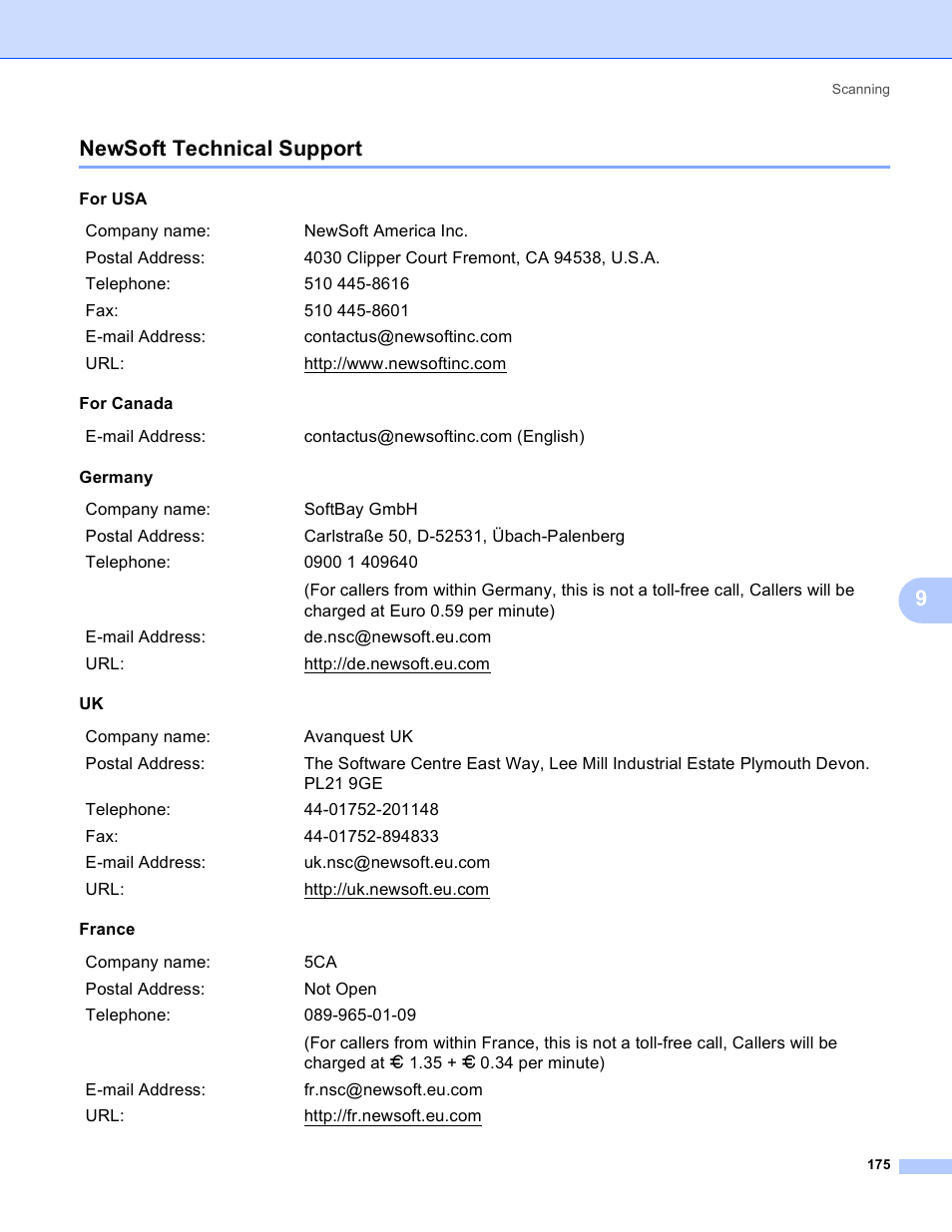 Newsoft technical support, 9newsoft technical support | Brother DCP-9045CDN User Manual | Page 182 / 217