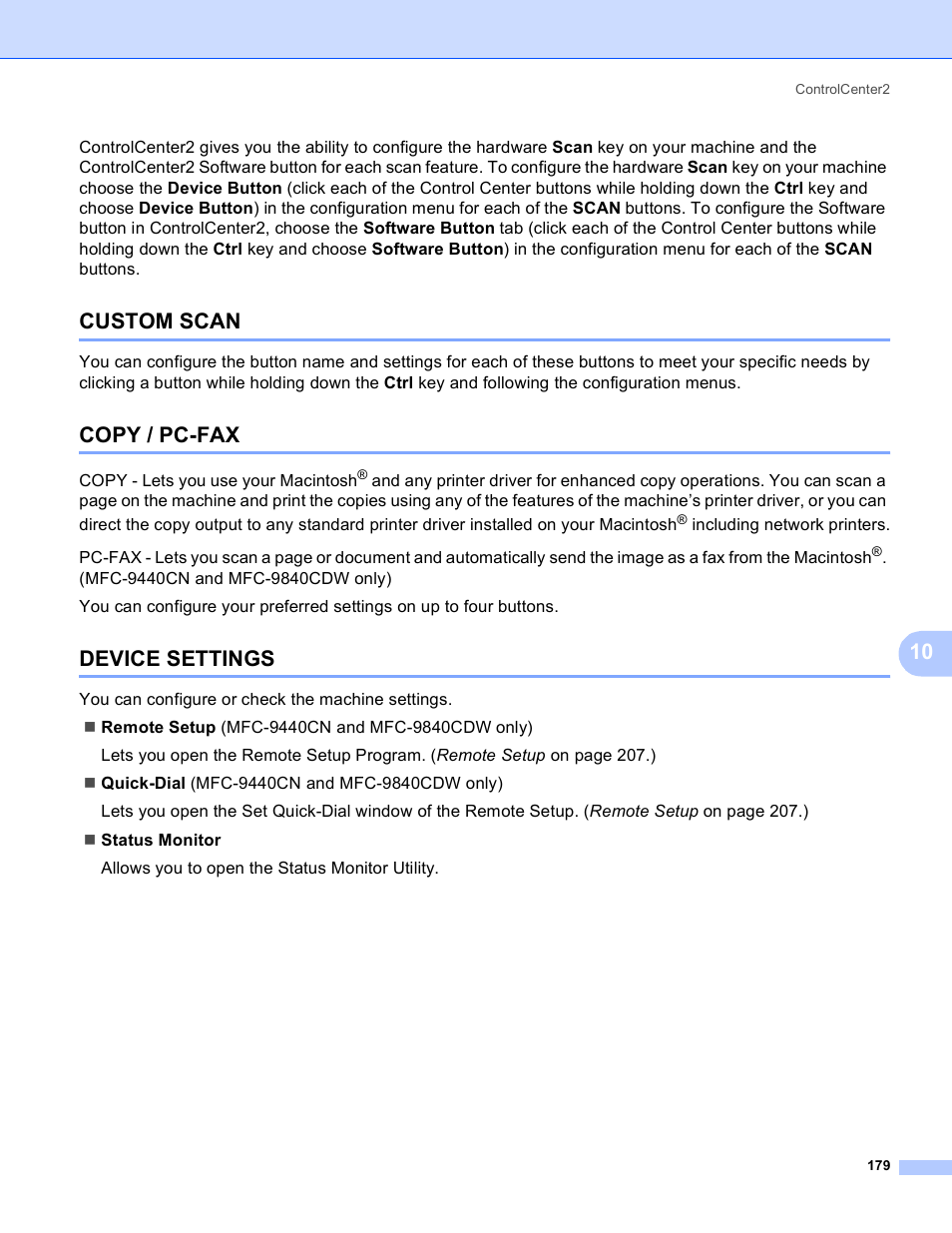 Custom scan, Copy / pc-fax, Device settings | Custom scan copy / pc-fax device settings | Brother DCP-9045CDN User Manual | Page 186 / 217