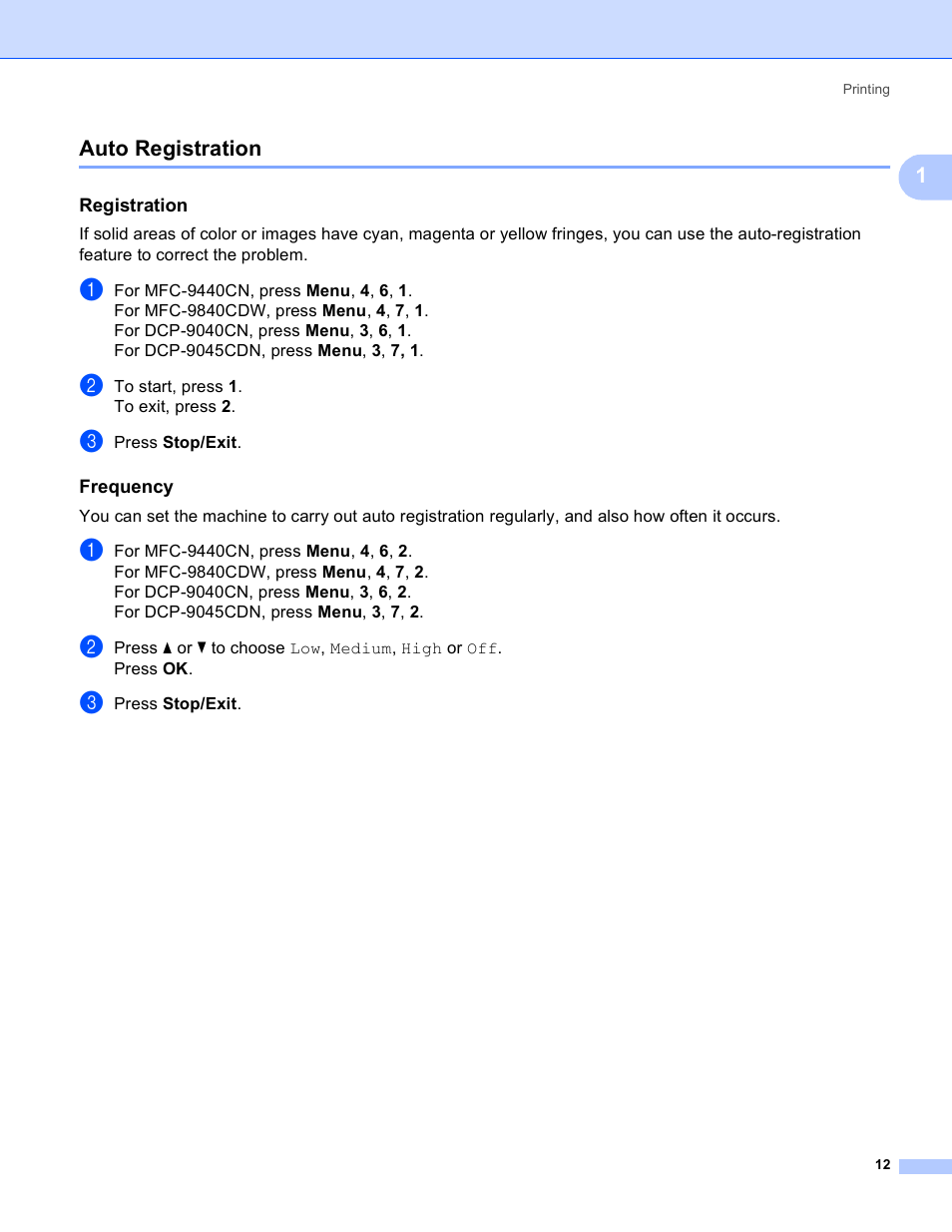 Auto registration, Registration, Frequency | 1auto registration | Brother DCP-9045CDN User Manual | Page 19 / 217