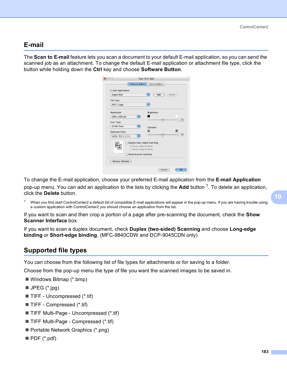 E-mail, Supported file types, E-mail supported file types | 10 e-mail | Brother DCP-9045CDN User Manual | Page 190 / 217