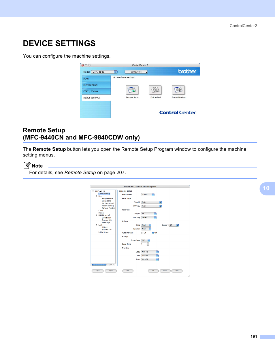 Device settings, Remote setup (mfc-9440cn and mfc-9840cdw only), You can configure the machine settings | Brother DCP-9045CDN User Manual | Page 198 / 217