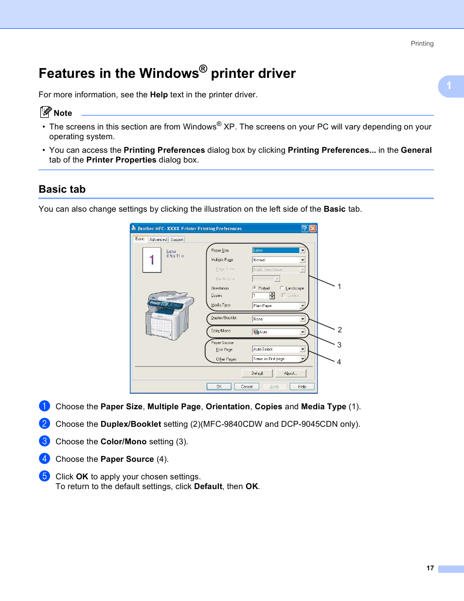 Features in the windows® printer driver, Basic tab, Features in the windows | Printer driver | Brother DCP-9045CDN User Manual | Page 24 / 217