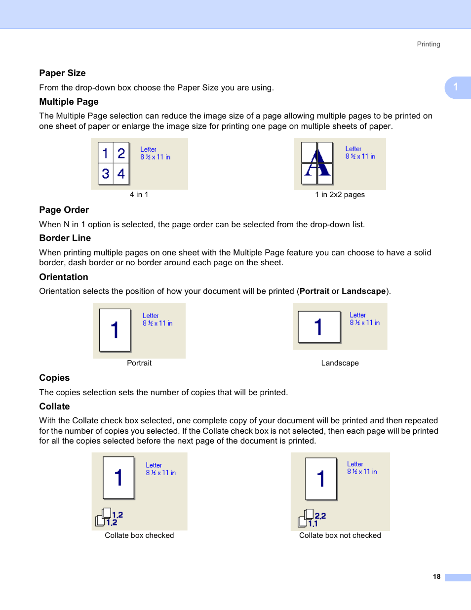 Paper size, Border line, Orientation | Copies, Collate, Multiple page, Page order, Portrait landscape, Collate box checked collate box not checked | Brother DCP-9045CDN User Manual | Page 25 / 217