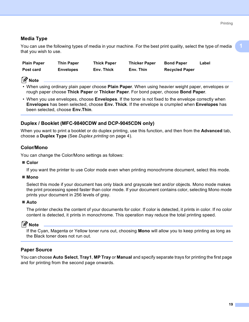 Media type, Color/mono, Paper source | Brother DCP-9045CDN User Manual | Page 26 / 217