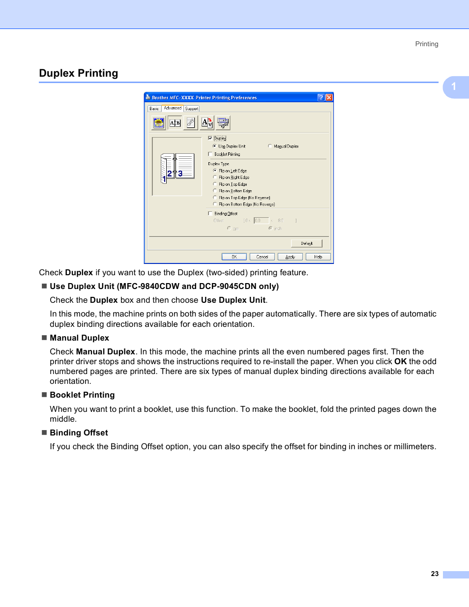Duplex printing, 1duplex printing | Brother DCP-9045CDN User Manual | Page 30 / 217