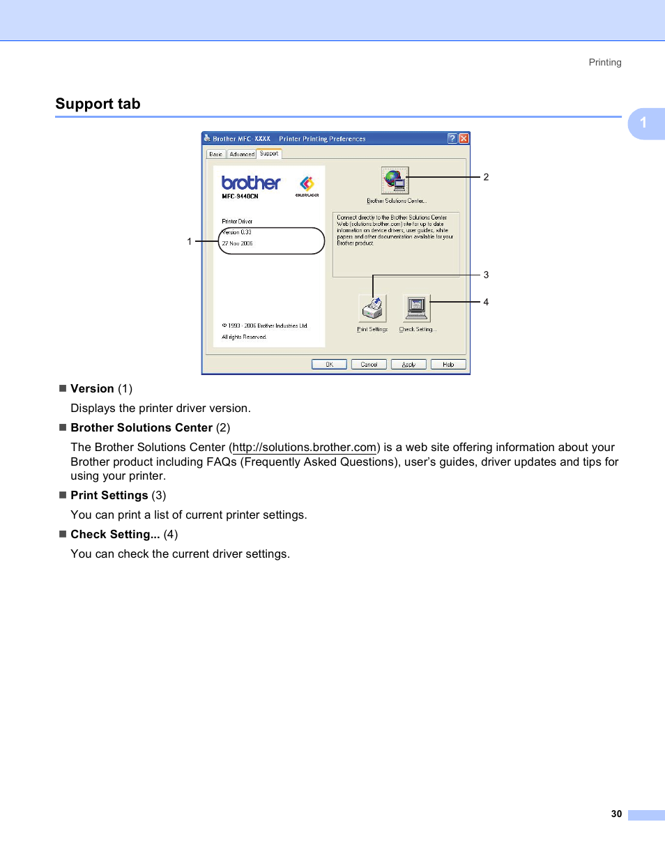 Support tab, 1support tab | Brother DCP-9045CDN User Manual | Page 37 / 217