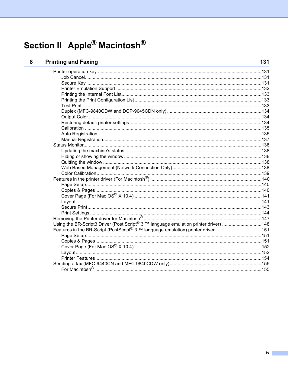 Macintosh | Brother DCP-9045CDN User Manual | Page 5 / 217