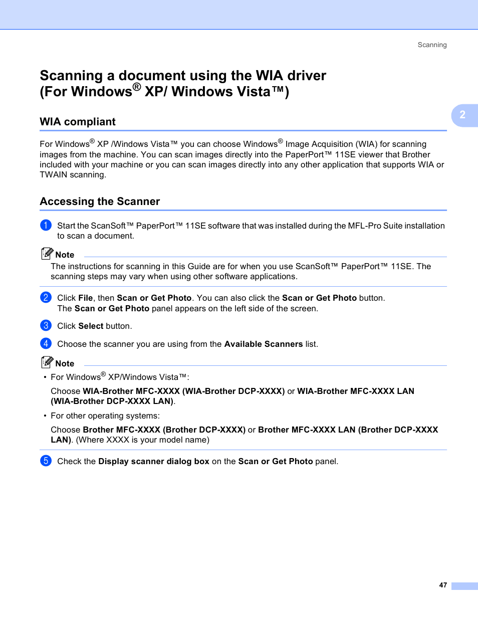 Wia compliant, Accessing the scanner, Xp/ windows vista™) | Wia compliant accessing the scanner, Scanning a, Document using the wia driver (for windows | Brother DCP-9045CDN User Manual | Page 54 / 217