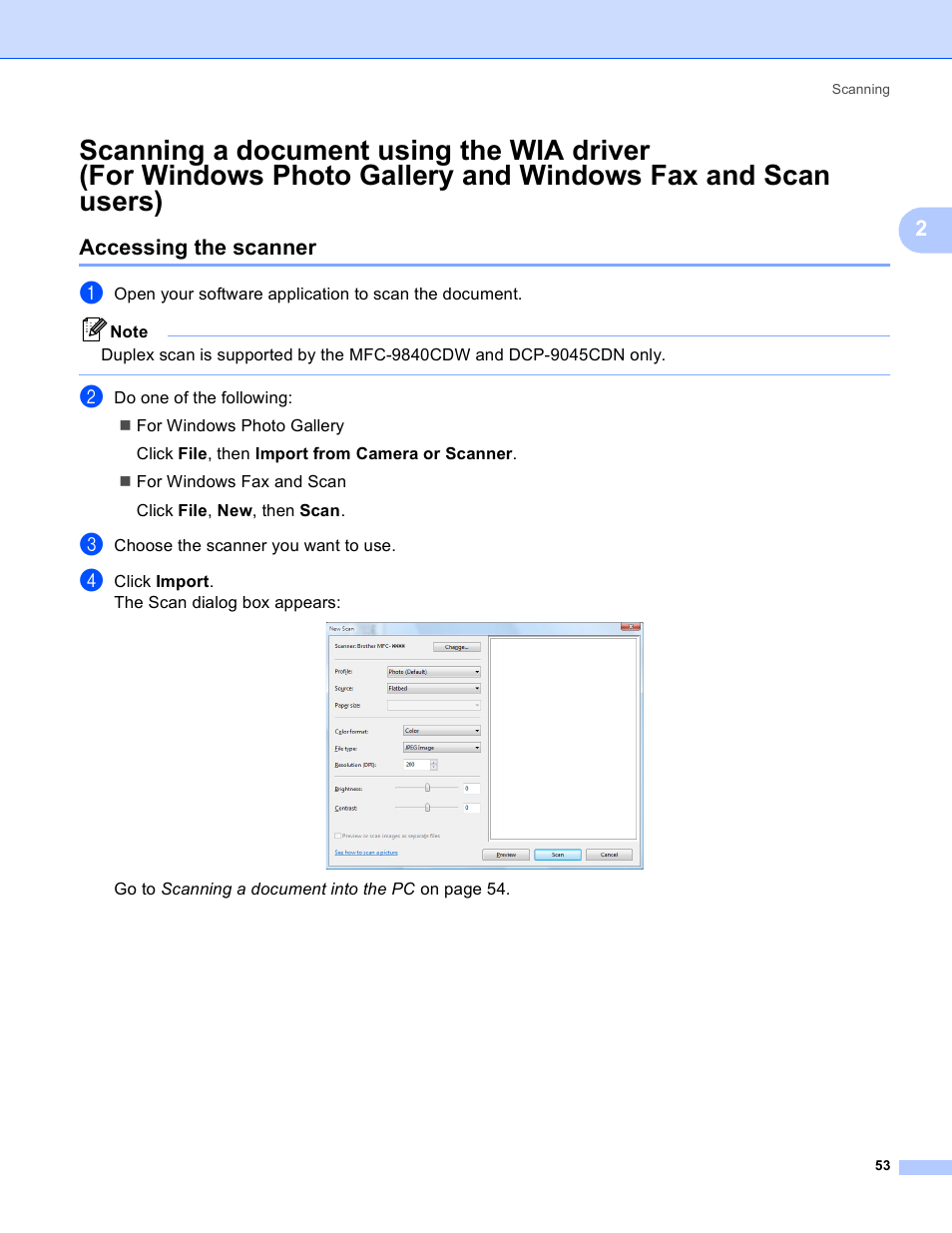 Accessing the scanner, Scanning a document using the wia driver | Brother DCP-9045CDN User Manual | Page 60 / 217