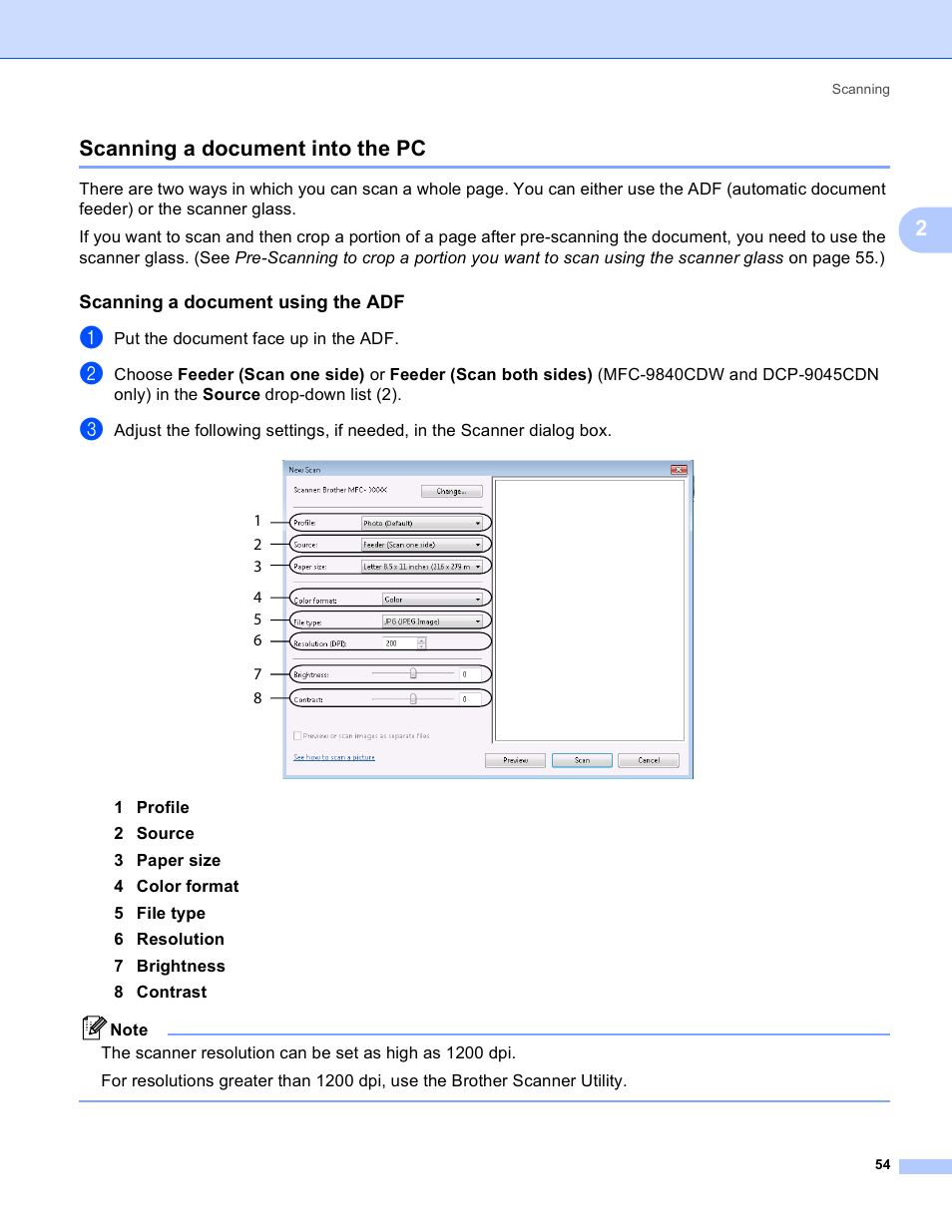Scanning a document into the pc, Scanning a document using the adf, 2scanning a document into the pc | Brother DCP-9045CDN User Manual | Page 61 / 217