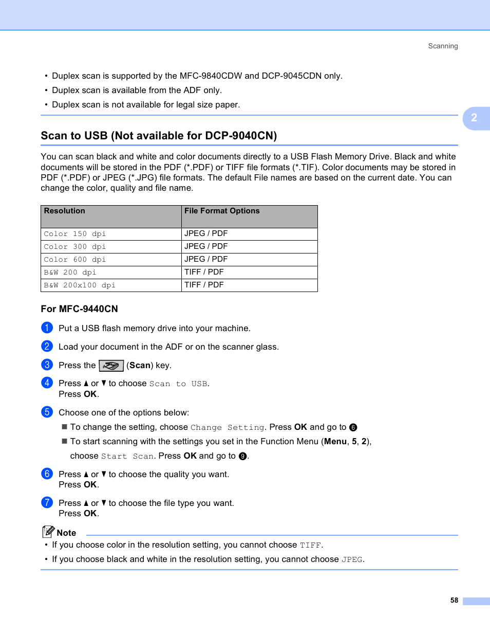 Scan to usb (not available for dcp-9040cn), For mfc-9440cn | Brother DCP-9045CDN User Manual | Page 65 / 217