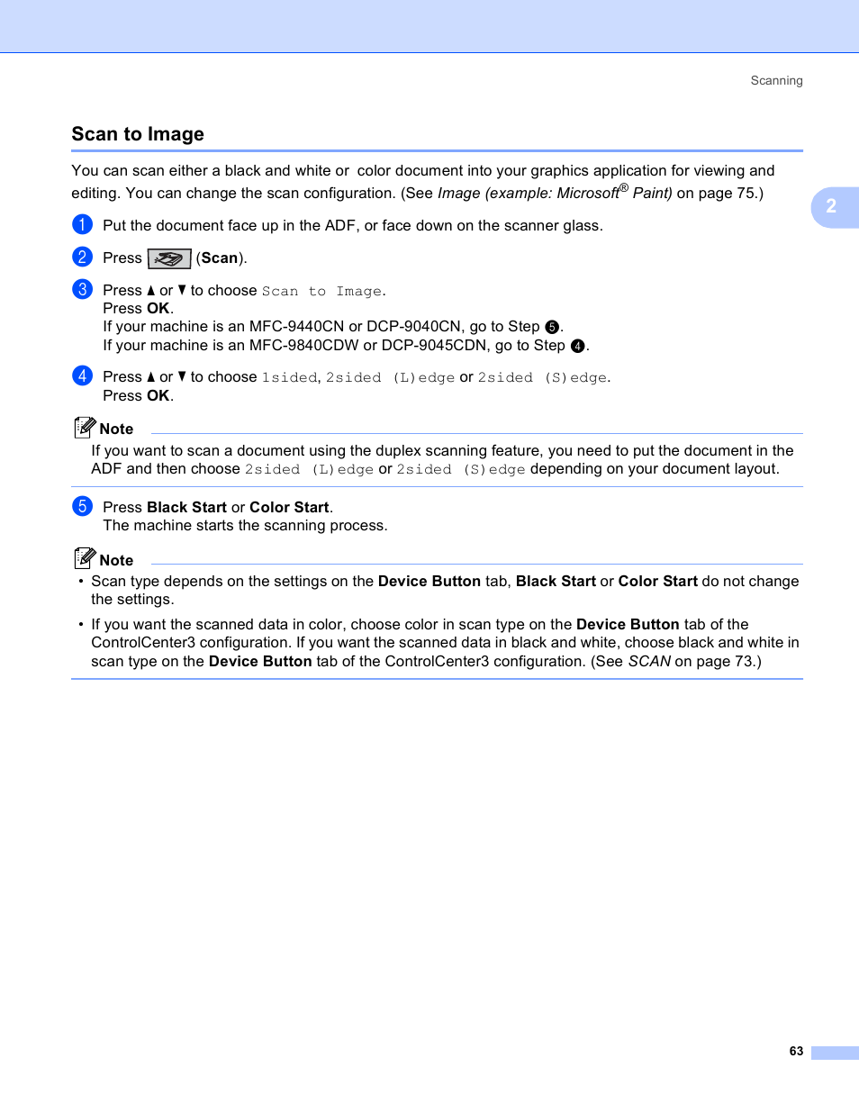 Scan to image, 2scan to image | Brother DCP-9045CDN User Manual | Page 70 / 217