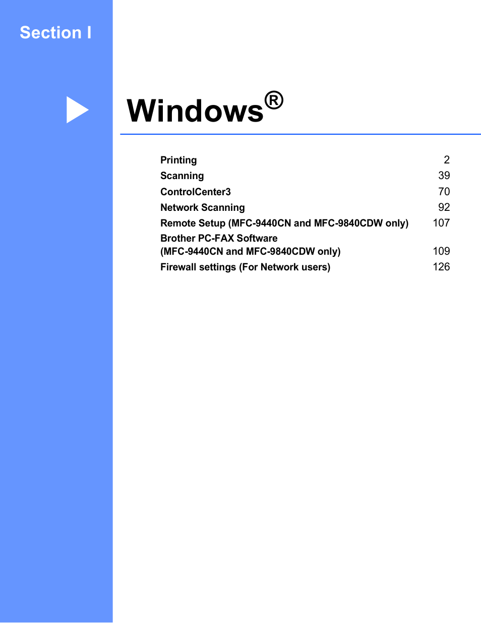 Windows, Section i windows | Brother DCP-9045CDN User Manual | Page 8 / 217