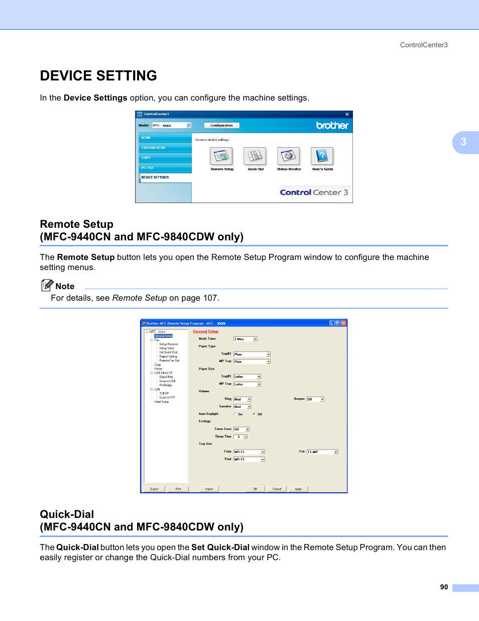 Device setting, Remote setup (mfc-9440cn and mfc-9840cdw only), Quick-dial (mfc-9440cn and mfc-9840cdw only) | Brother DCP-9045CDN User Manual | Page 97 / 217