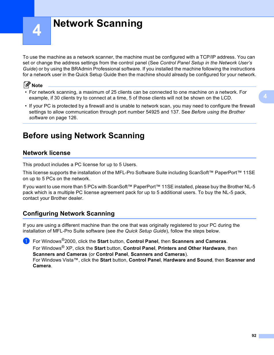 4 network scanning, Before using network scanning, Network license | Configuring network scanning, Network scanning, Network license configuring network scanning | Brother DCP-9045CDN User Manual | Page 99 / 217