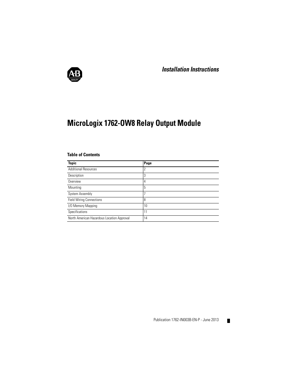 Rockwell Automation 1762-OW8 MICROLOGIX RELAY OUTPUT MODULE User Manual | 16 pages
