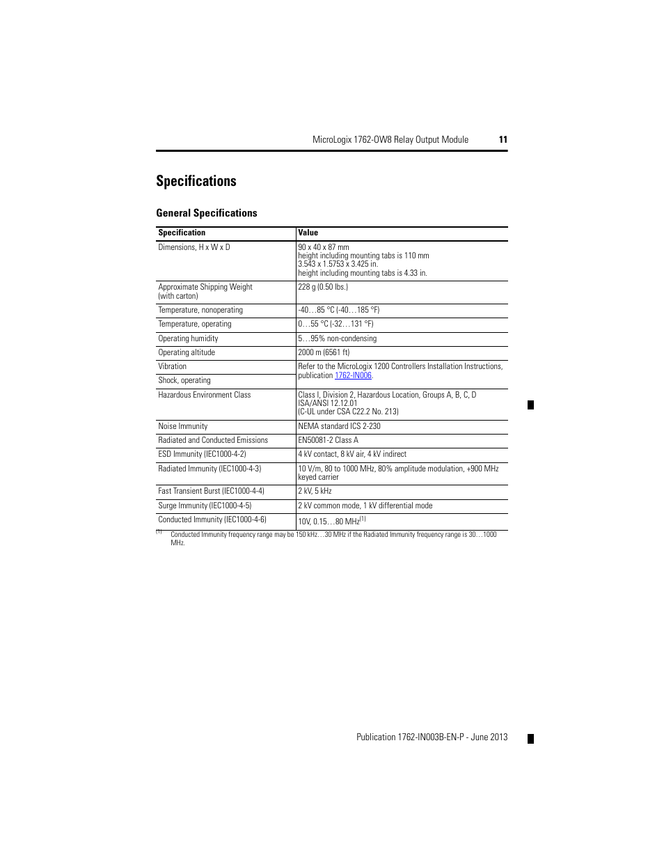 Specifications | Rockwell Automation 1762-OW8 MICROLOGIX RELAY OUTPUT MODULE User Manual | Page 11 / 16