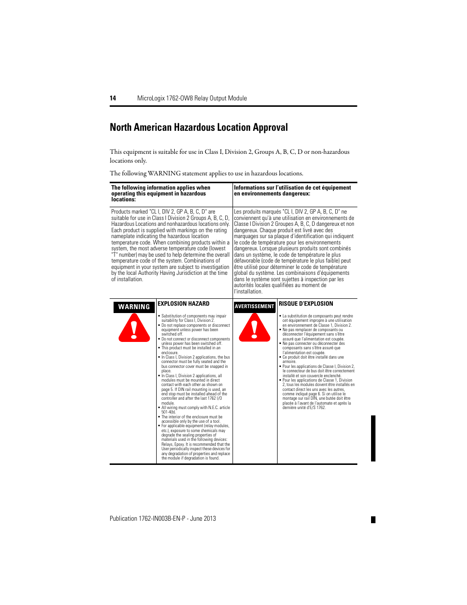 North american hazardous location approval | Rockwell Automation 1762-OW8 MICROLOGIX RELAY OUTPUT MODULE User Manual | Page 14 / 16