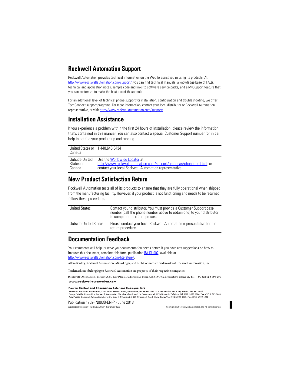 Rockwell automation support, Installation assistance, New product satisfaction return | Documentation feedback | Rockwell Automation 1762-OW8 MICROLOGIX RELAY OUTPUT MODULE User Manual | Page 16 / 16