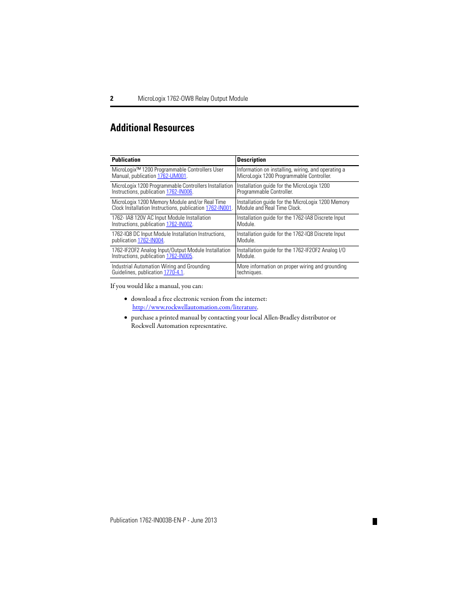 Additional resources | Rockwell Automation 1762-OW8 MICROLOGIX RELAY OUTPUT MODULE User Manual | Page 2 / 16