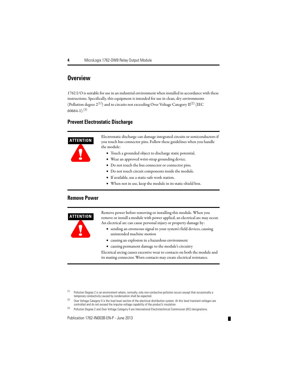 Overview, Prevent electrostatic discharge, Remove power | Rockwell Automation 1762-OW8 MICROLOGIX RELAY OUTPUT MODULE User Manual | Page 4 / 16