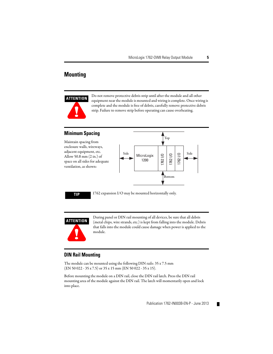 Mounting, Minimum spacing, Din rail mounting | Rockwell Automation 1762-OW8 MICROLOGIX RELAY OUTPUT MODULE User Manual | Page 5 / 16