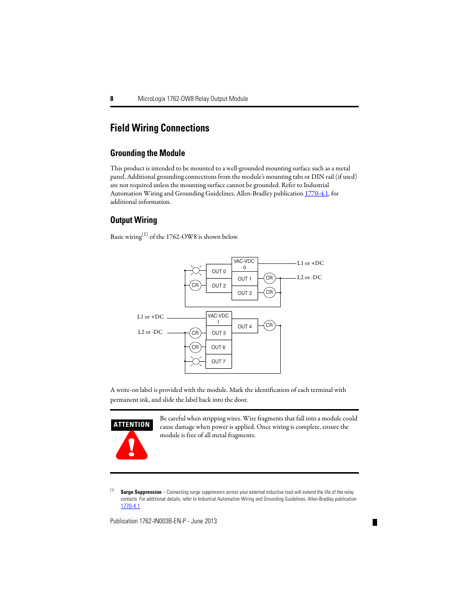 Field wiring connections, Grounding the module, Output wiring | Rockwell Automation 1762-OW8 MICROLOGIX RELAY OUTPUT MODULE User Manual | Page 8 / 16
