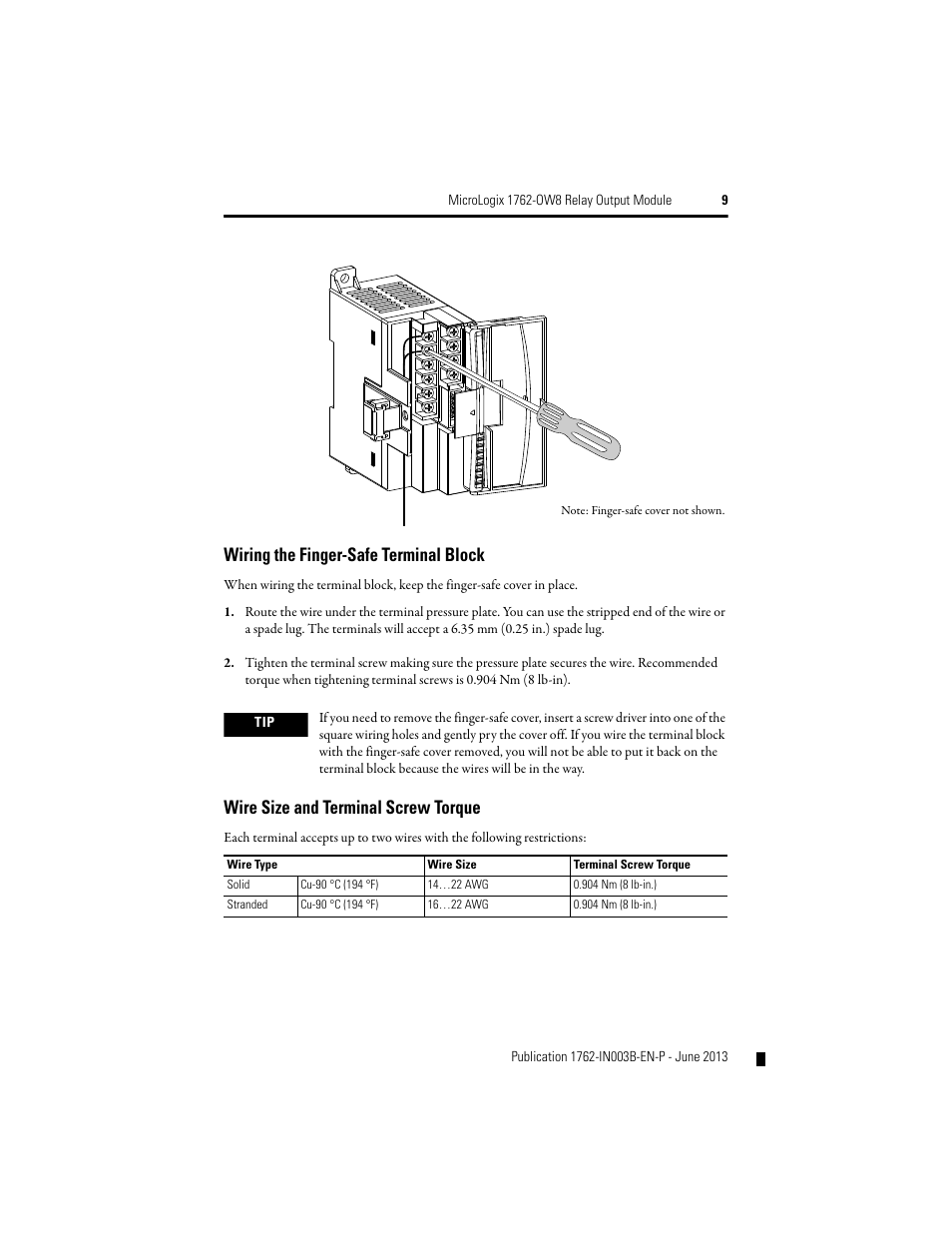 Wiring the finger-safe terminal block, Wire size and terminal screw torque | Rockwell Automation 1762-OW8 MICROLOGIX RELAY OUTPUT MODULE User Manual | Page 9 / 16