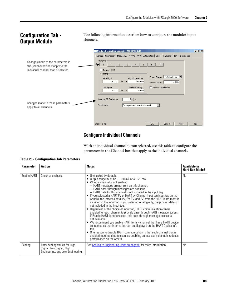Configuration tab - output module, Configure individual channels | Rockwell Automation 1756-OF8H ControlLogix HART Analog I/O Modules User Manual | Page 105 / 228
