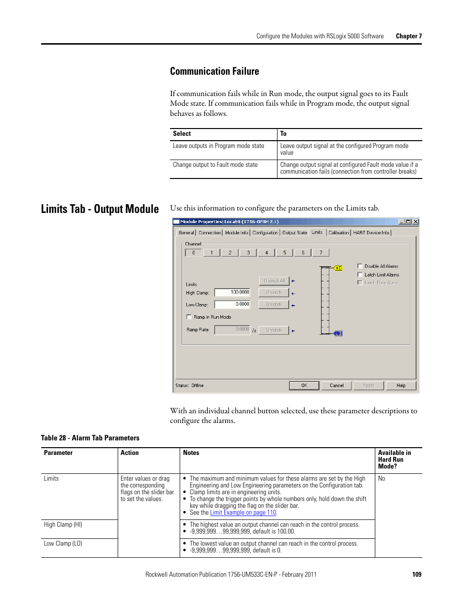 Limits tab - output module, Communication failure | Rockwell Automation 1756-OF8H ControlLogix HART Analog I/O Modules User Manual | Page 109 / 228