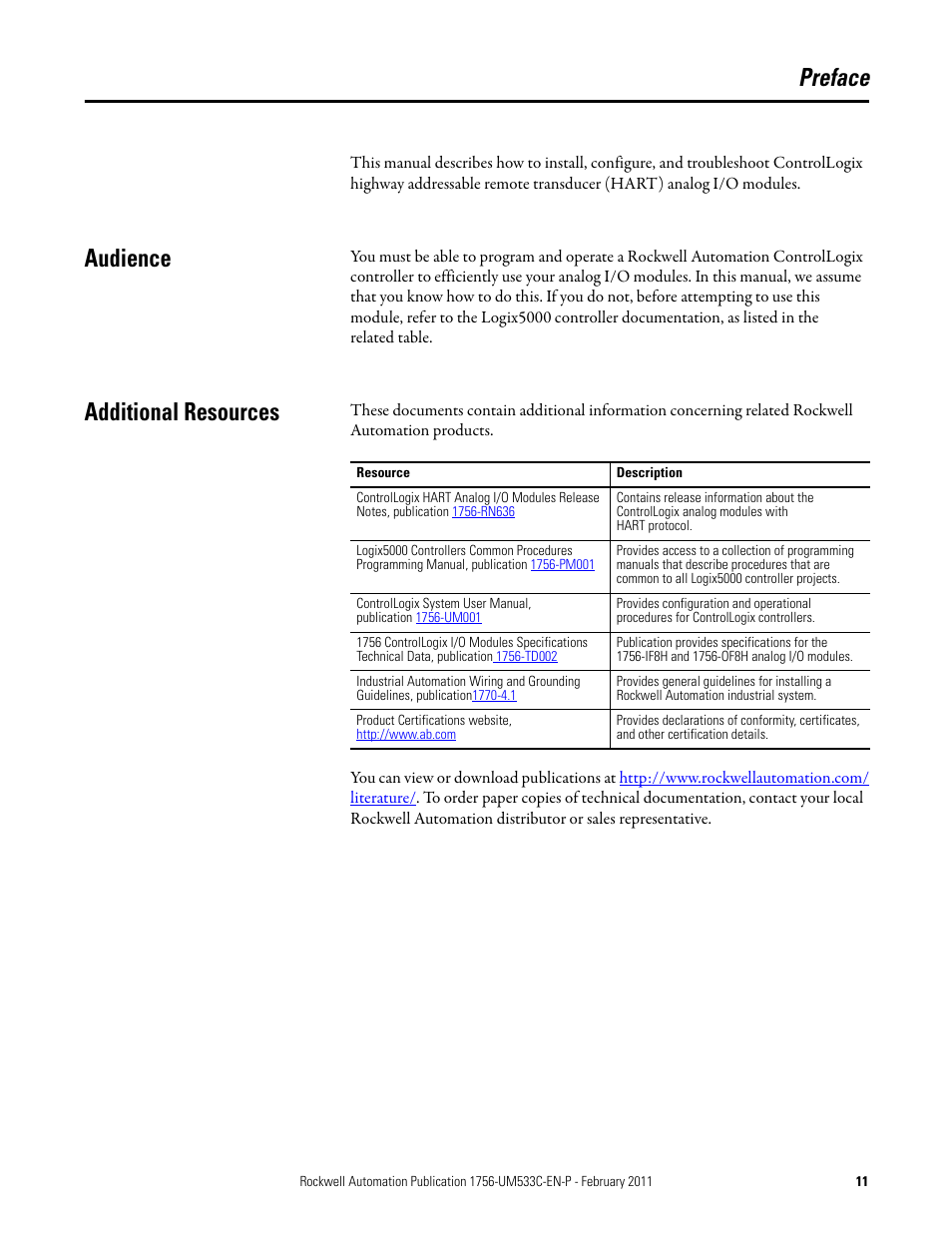 Preface, Audience additional resources, Audience | Additional resources | Rockwell Automation 1756-OF8H ControlLogix HART Analog I/O Modules User Manual | Page 11 / 228